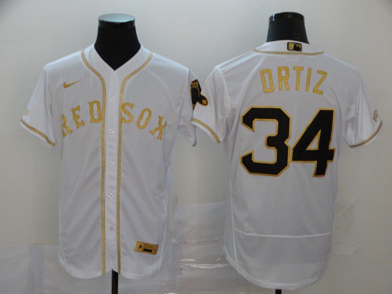 Men Boston Red Sox 34 Ortiz White Retro gold character Nike Elite MLB Jerseys